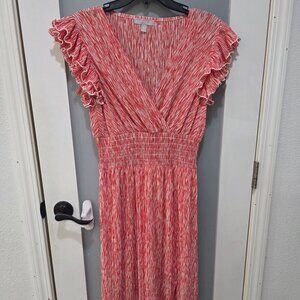 Chelsea 28 Red White Smocked Midi Dress Size M Ruffle Sleeve Boho Summer Casual